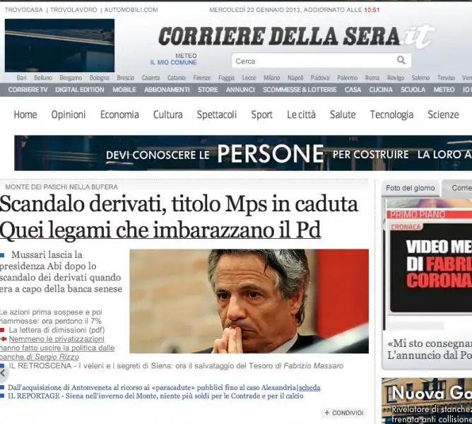 L' APERTURA DEL CORRIERE CON IL RIFERIMENTO AL PD