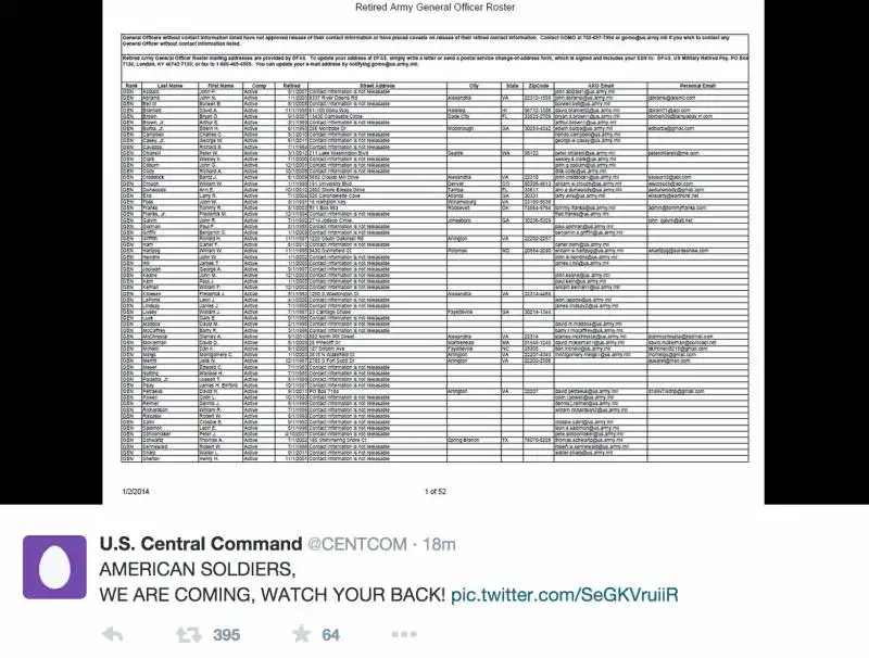 centcom hacker jihadisti pubblicano nomi dei generali usa