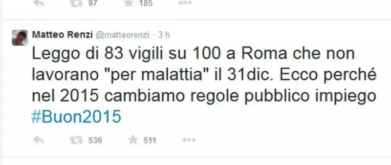 ROMA - POLIZIA MUNICIPALE - IL TWEET DI MATTEO RENZI