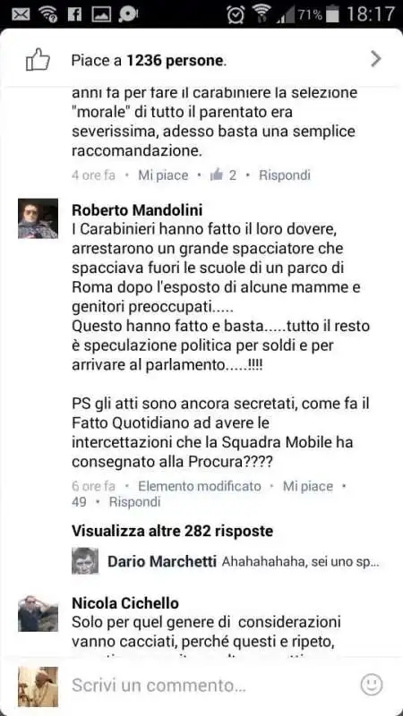 commenti  del carabiniere roberto mandolini a chi lo accusa su facebook