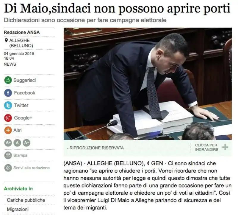 4 GENNAIO DI MAIO SUI MIGRANTI SINDACI NON POSSONO APRIRE I PORTI