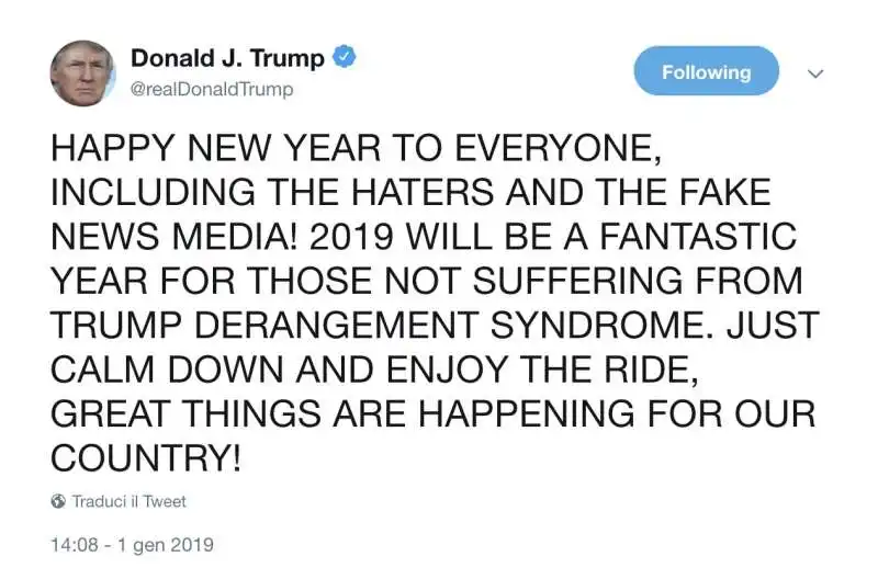 TRUMP FA GLI AUGURI A HATERS E FAKE NEWS MEDIA