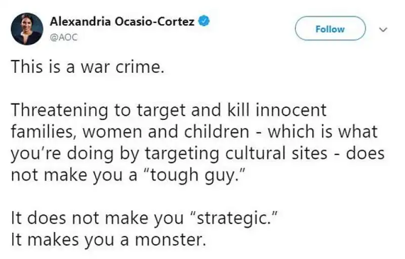 alexandria cosaio cortez contro trump dopo il raid a baghdad