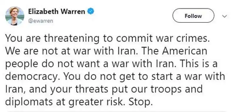 elizabeth warren contro trump dopo il raid a baghdad