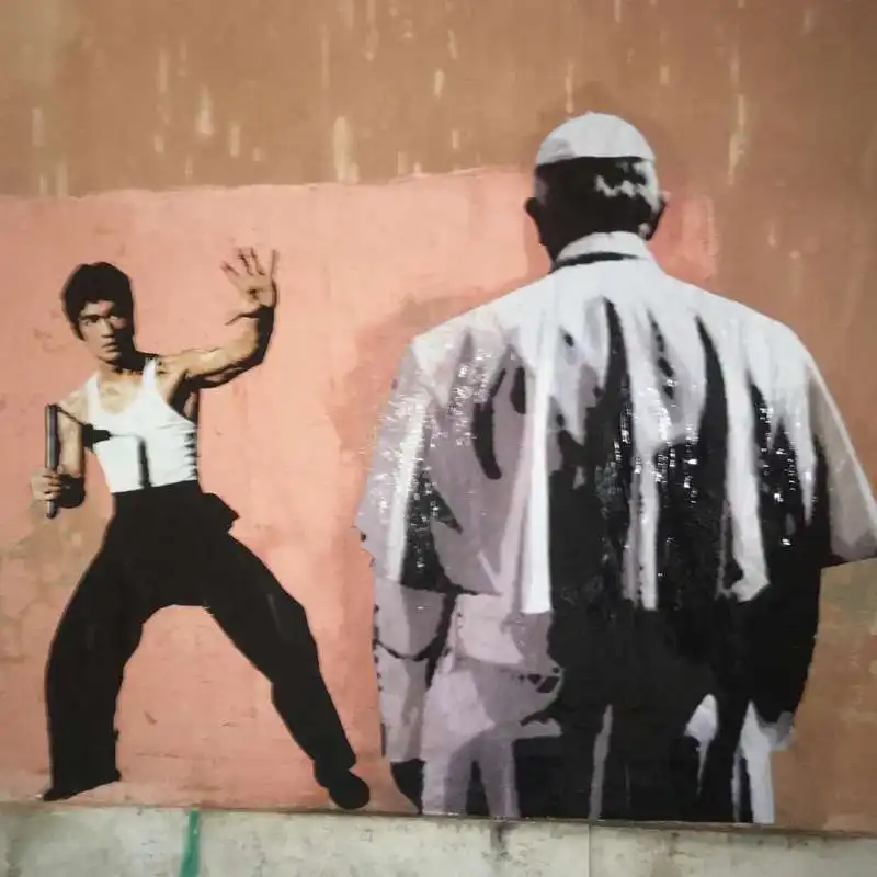 papa francesco contro bruce lee   murales di harrygreb