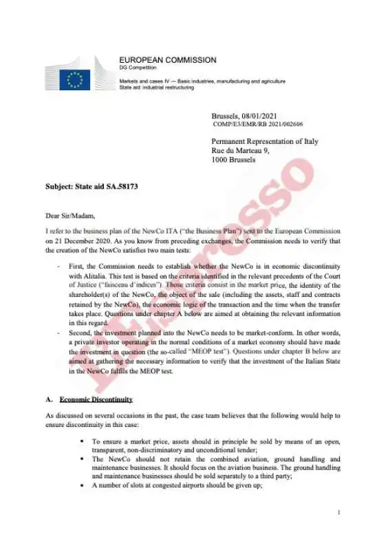 LA LETTERA DELLA COMMISSIONE UE SU ALITALIA