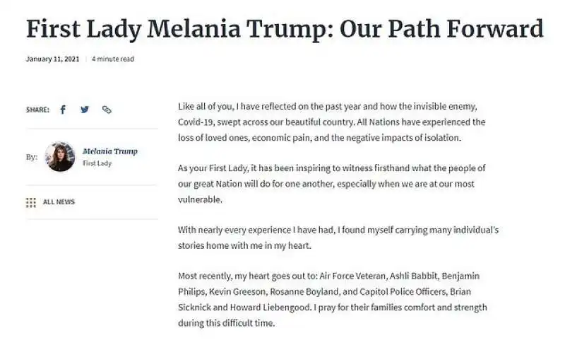 OUR PATH FORWARD - LA DICHIARAZIONE DI MELANIA TRUMP SULL ASSALTO AL CONGRESSO DI WASHINGTON