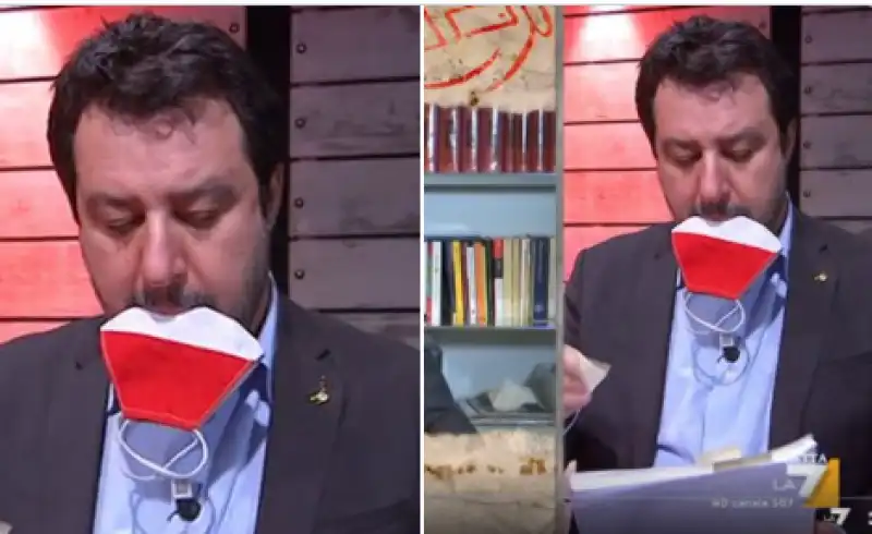 Salvini si toglie la mascherina e la mette in bocca, il tutto in diretta tv a DiMartedì