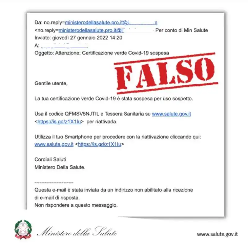 FALSA MAIL DEL MINISTERO DELLA SALUTE SUL GREEN PASS SOSPESO