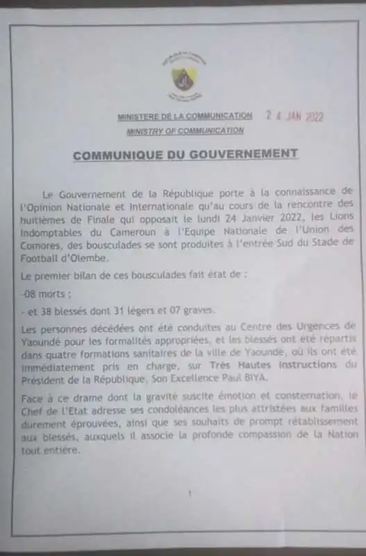 il comunicato del governo del camerun 