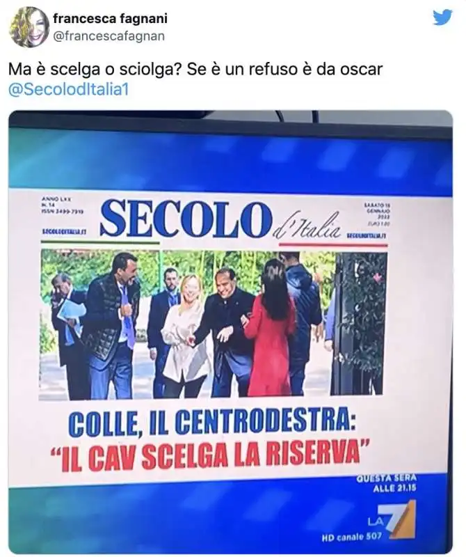 IL TWEET DI FRANCESCA FAGNANI  SUL REFUSO DEL SECOLO DITALIA  