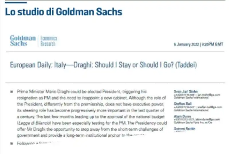 LO STUDIO DI GOLDMAN SACHS SUI RISCHI DEL PASSAGGIO DI DRAGHI AL QUIRINALE