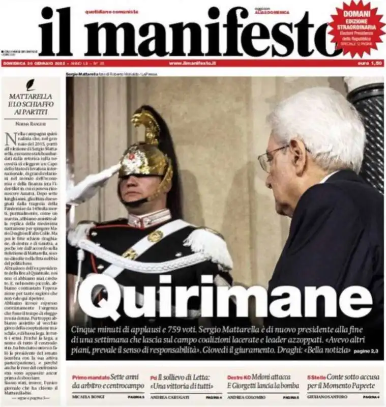 MATTARELLA BIS - LA PRIMA PAGINA DEL MANIFESTO