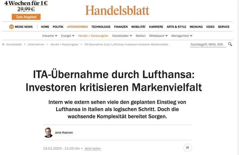 ARTICOLO DI HANDELSBLATT SULL OPERAZIONE ITA - LUFTHANSA