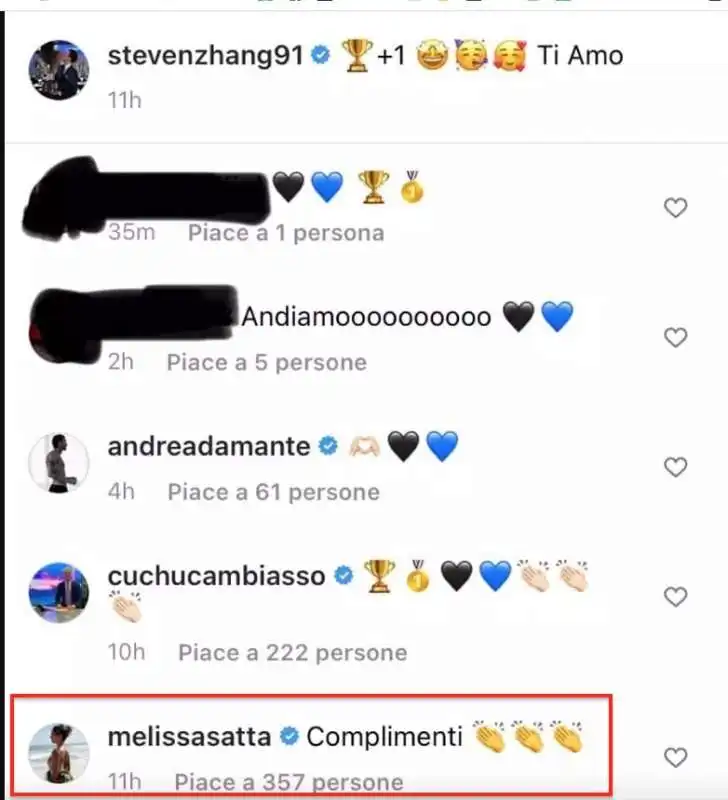 il commento di melissa satta sotto il post di steven zhang 