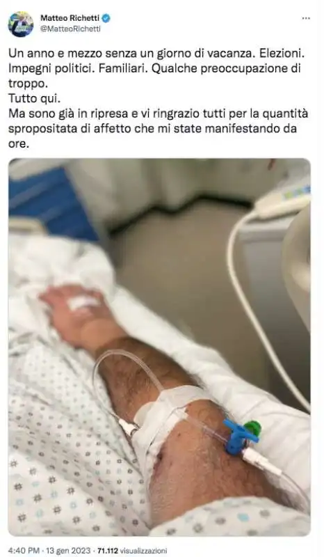 tweet di matteo richetti dall'ospedale 