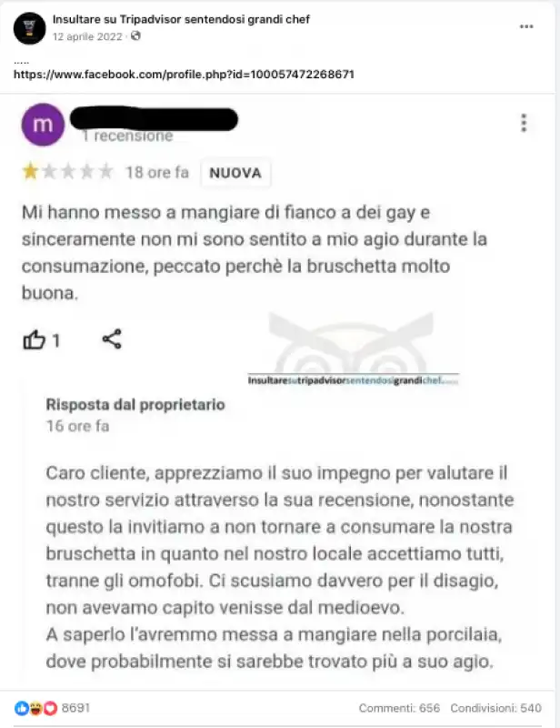 I COMMENTI OMOFOBI ALLA BRUSCHETTERIA FAEDO