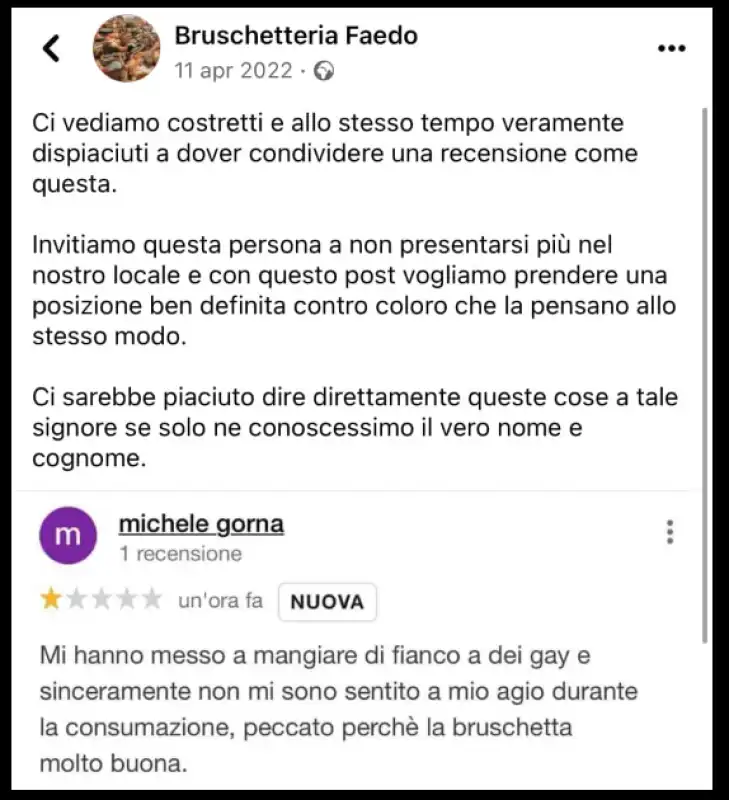 IL COMMENTO OMOFOBO ALLA PIZZERIA LE VIGNOLE DI SANT'ANGELO LODIGIANO