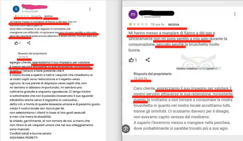 IL CONFRONTO TRA I COMMENTI OMOFOBI ALLA PIZZERIE LE VIGNOLE E QUELLI ALLA BRUSCHETTERIA FAEDO