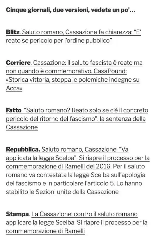 LA SENTENZA DELLA CASSAZIONE SUL SALUTO ROMANO - LE CINQUE VERSIONI  SUI SITI DI INFORMAZIONE - DA CRONACA OGGI