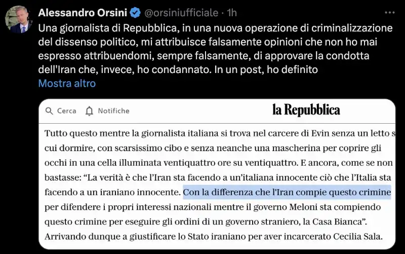 ALESSANDRO ORSINI CONTRO REPUBBLICA PER  L ARTICOLO SUGLI HATER DI CECILIA SALA 