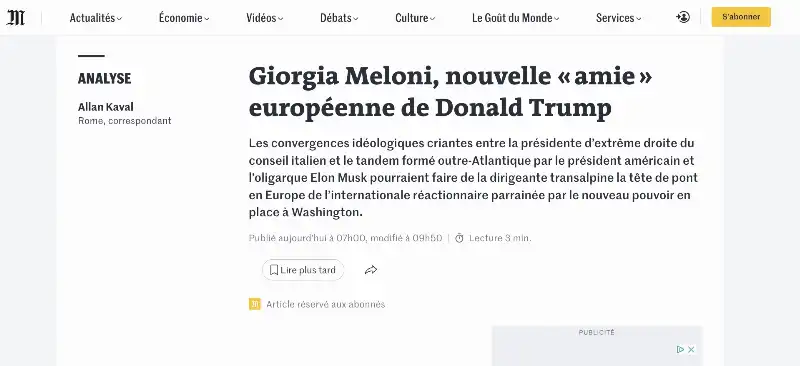 ARTICOLO DI LE MONDE SU GIORGIA MELONI AMICA DI TRUMP