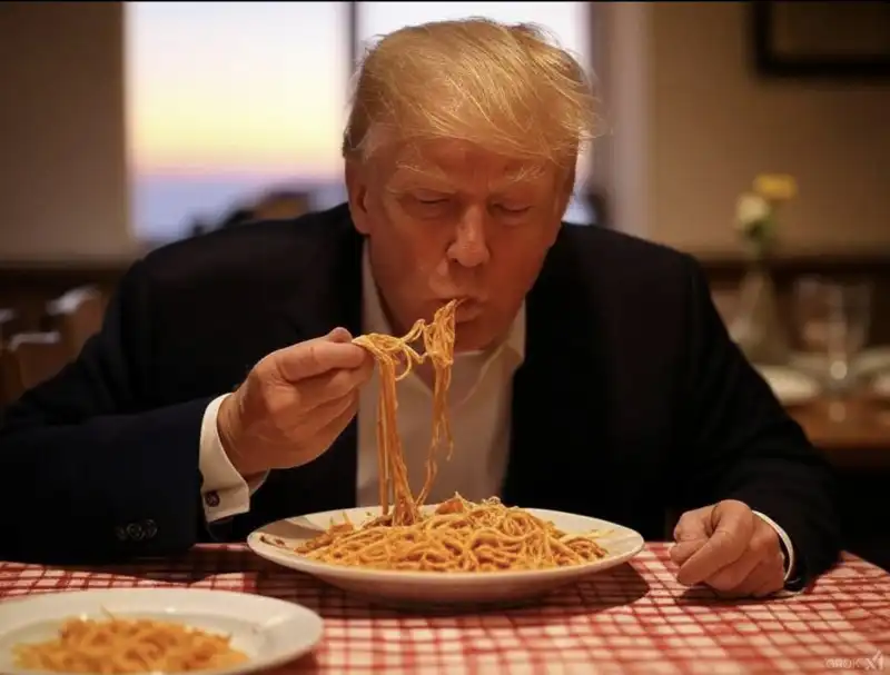 DONALD TRUMP MANGIA GLI SPAGHETTI - IMMAGINE CREATA CON GROK