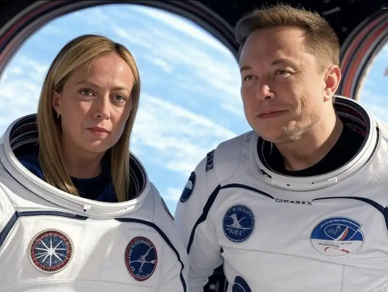 GIORGIA MELONI E ELON MUSK NELLO SPAZIO - IMMAGINE CREATA CON L INTELLIGENZA ARTIFICIALE DI GROK