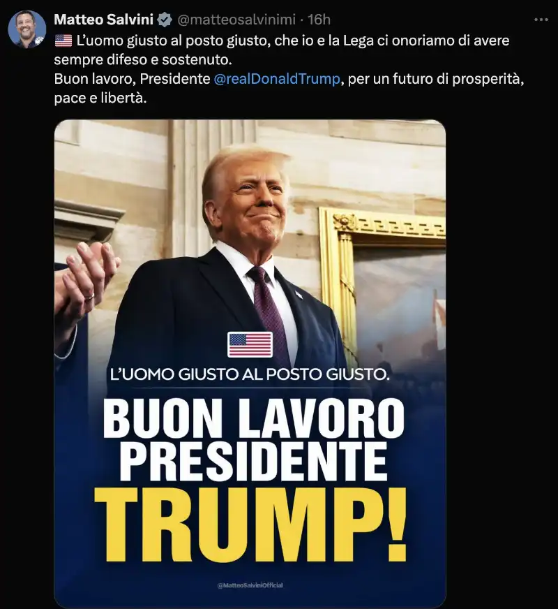 I TWEET DI MATTEO SALVINI DOPO IL GIURAMENTO DI DONALD TRUMP