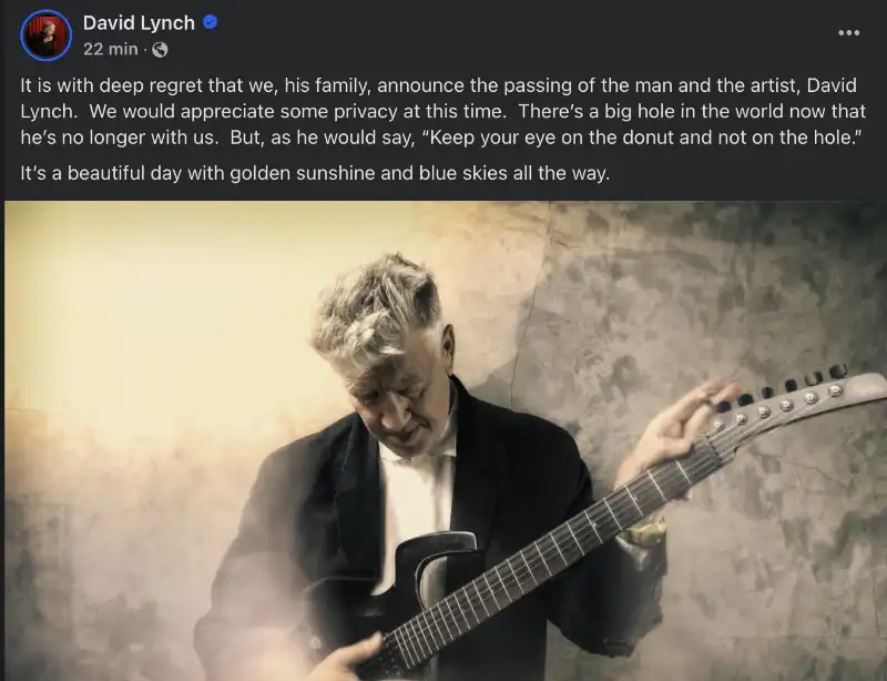 L ANNUNCIO DELLA MORTE DI DAVID LYNCH SU FACEBOOK