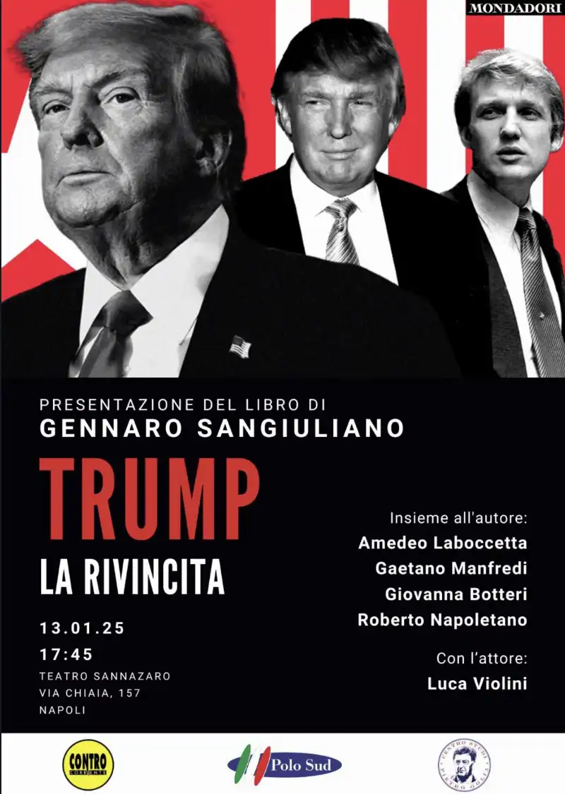 LOCANDINA DELLA PRESENTAZIONE DEL LIBRO DI SANGIULIANO SU TRUMP A NAPOLI