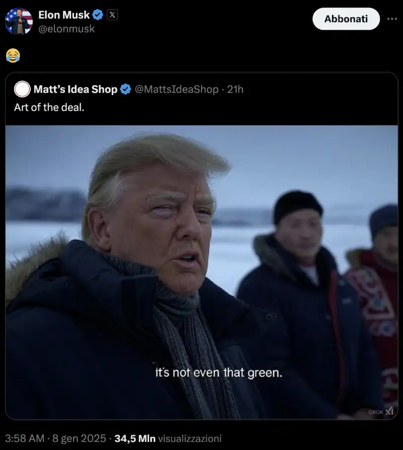 MEME SU DONALD TRUMP E LA GROENLANDIA PUBBLICATO DA ELON MUSK