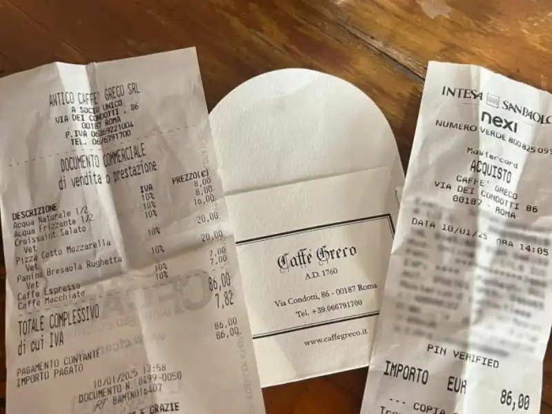 scontrino da 86 euro al caffe greco