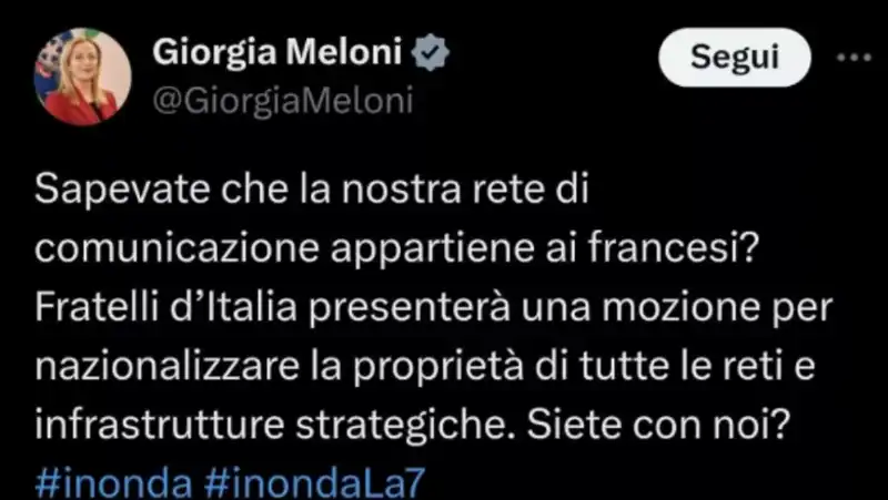 tweet di giorgia meloni del 2018 sulla rete di telecomunicazioni italiana