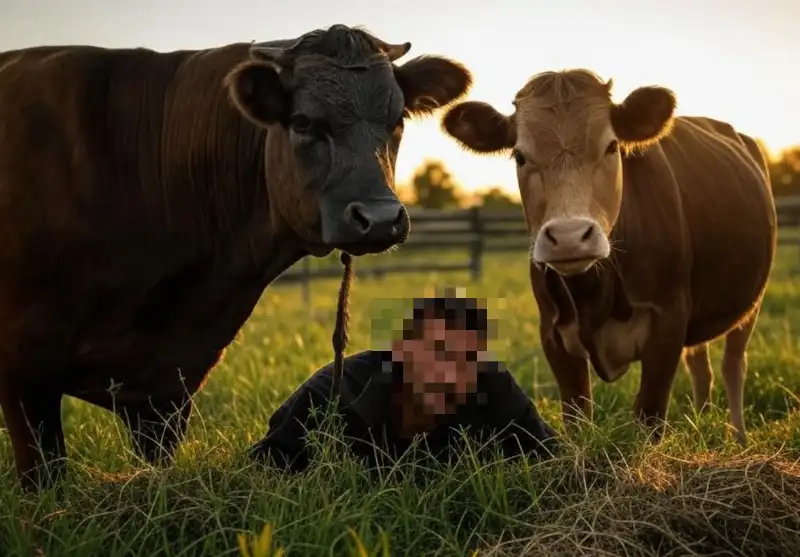 uomo muore schiacciato da due vacche   immagine creata con l intelligenza artificiale di grok   1