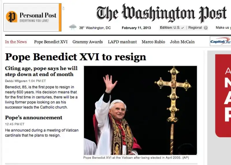 DIMISSIONI DEL PAPA WASHINGTON POST 