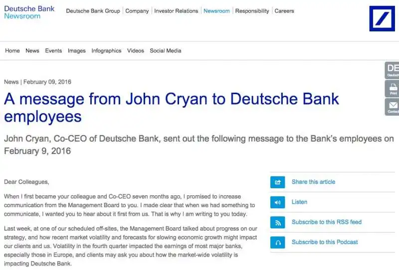 LETTERA DI JOHN CRYAN AI DIPENDENTI DEUTSCHE BANK