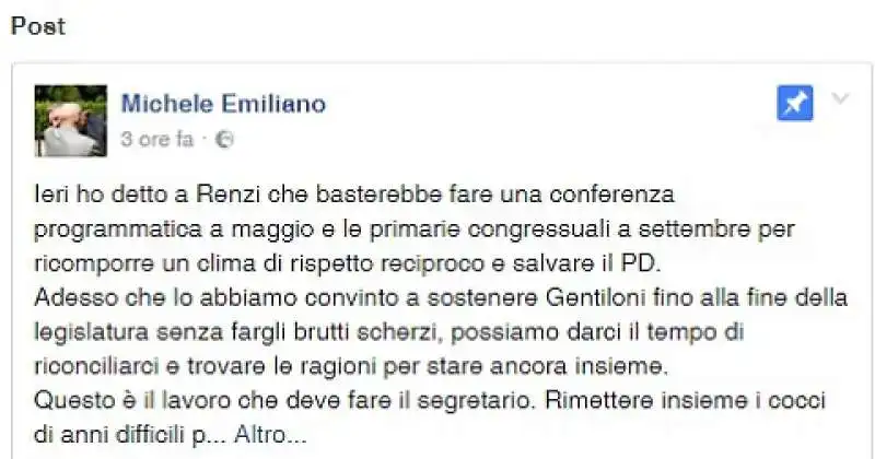 ANNUNCIO DI EMILIANO SU FACEBOOK