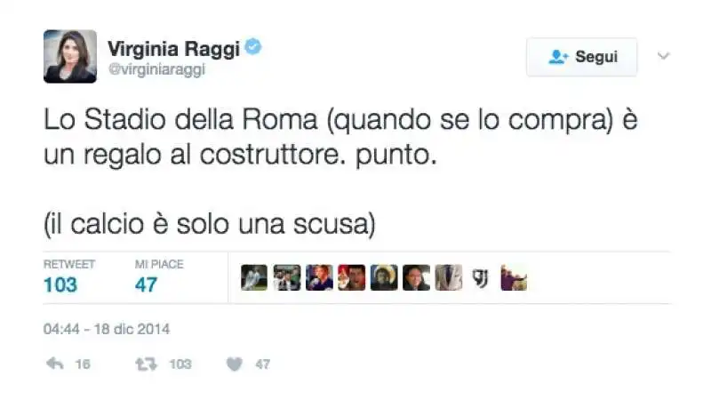 IL TWEET DI VIRGINIA RAGGI SULLO STADIO DEL 2014