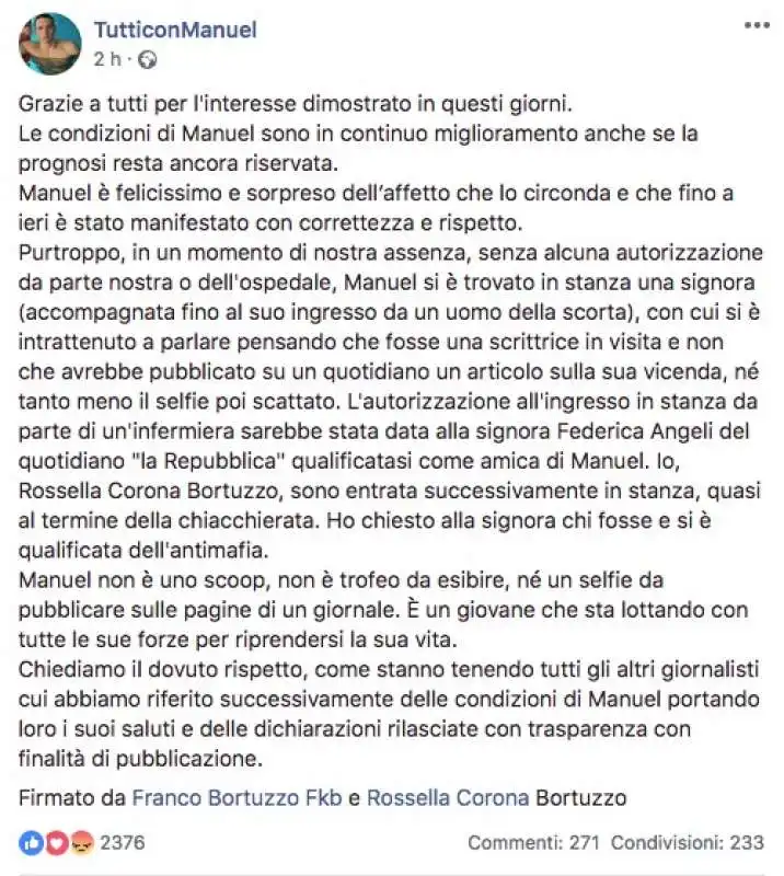 I GENITORI DI MANUEL BORTUZZO SU FEDERICA ANGELI

