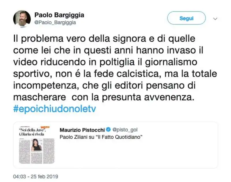 IL TWEET DI BARGIGGIA CONTRO ILARIA DAMICO