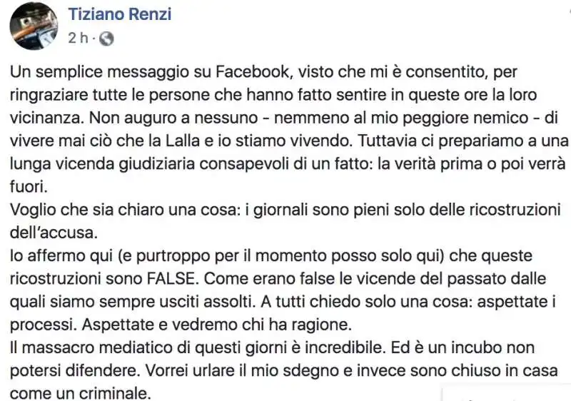 TIZIANO RENZI IL POST SU FACEBOOK DAI DOMICILIARI