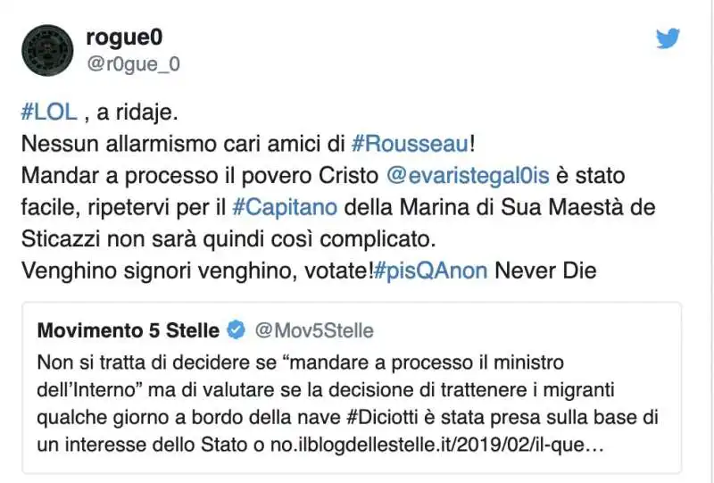 tweet di rogue0 sul voto per il caso diciotti