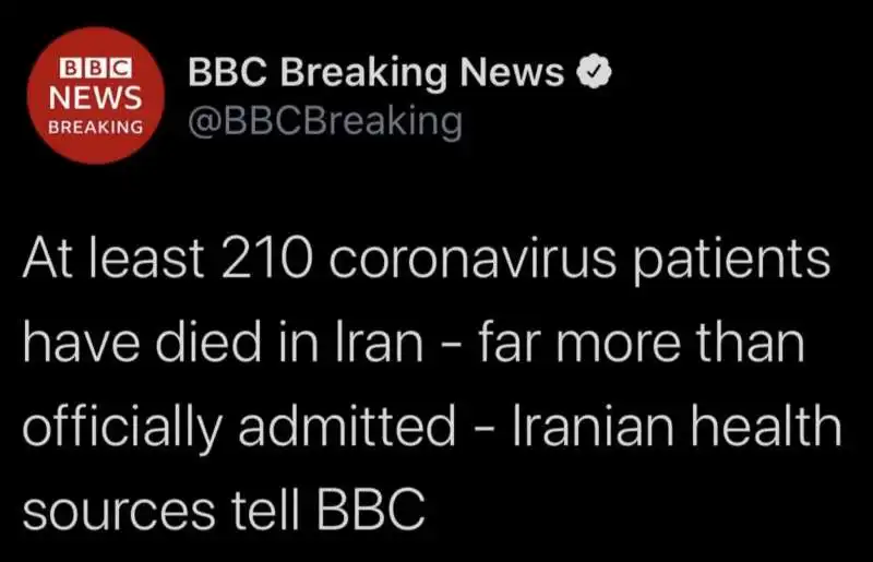 IL TWEET DELLA BBC SUI MORTI IN IRAN PER CORONAVIRUS