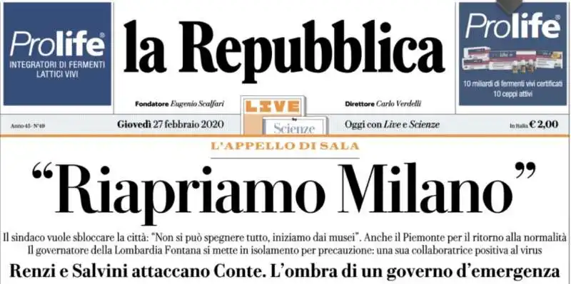 la repubblica   titolo giovedi' 27 febbraio