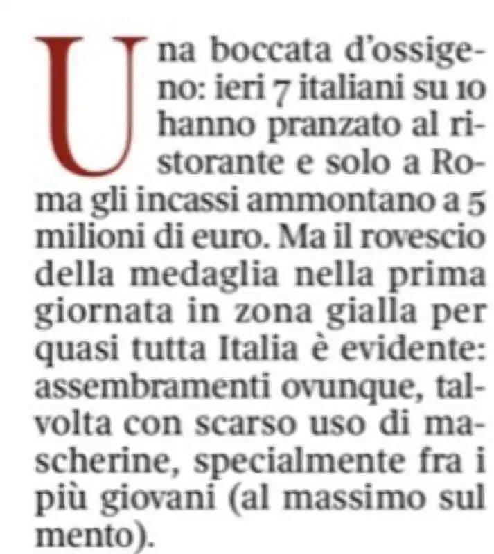 CORRIERE DELLA SERA - 7 ITALIANI SU 10 AL RISTORANTE IN ZONA GIALLA