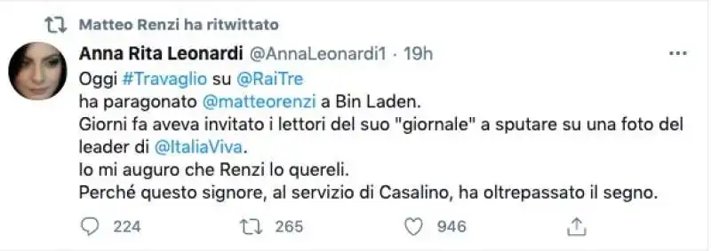 IL TWEET DI ANNA RITA LEONARDI CONTRO TRAVAGLIO RITWITTATO DA RENZI 