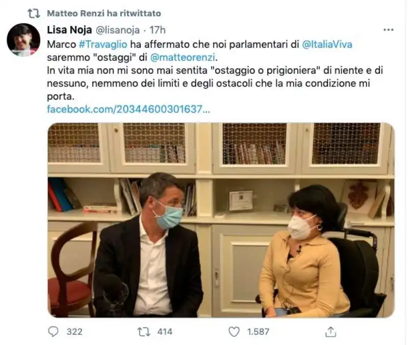 IL TWEET DI LISA NOJA CONTRO TRAVAGLIO RITWITTATO DA RENZI 