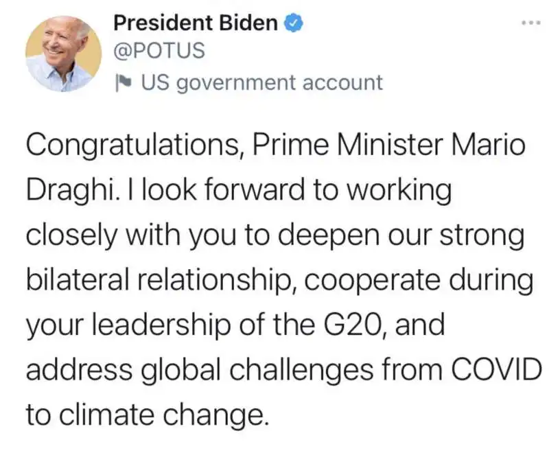 JOE BIDEN SI CONGRATULA CON MARIO DRAGHI VIA TWITTER