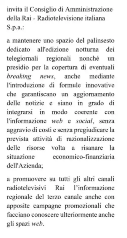 PROPOSTA SULLA TGR VOTATA DALLA COMMISSIONE VIGILANZA RAI